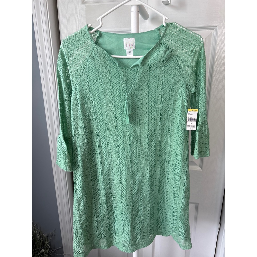 CRB Girl Dusty Jade Green Lace Boho Dress Kids Size 16 NWT Bell Sleeve Tassel